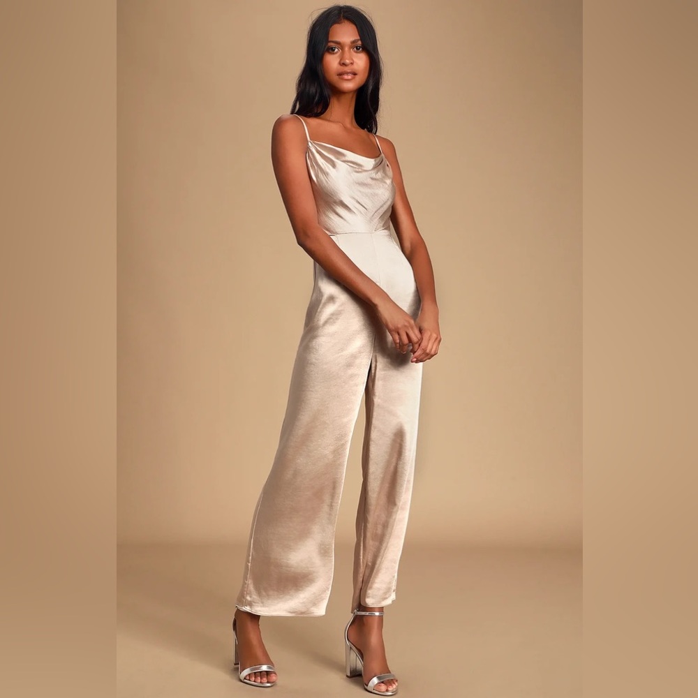 Champagne Satin Cowl Neck Culotte Jumpsuit